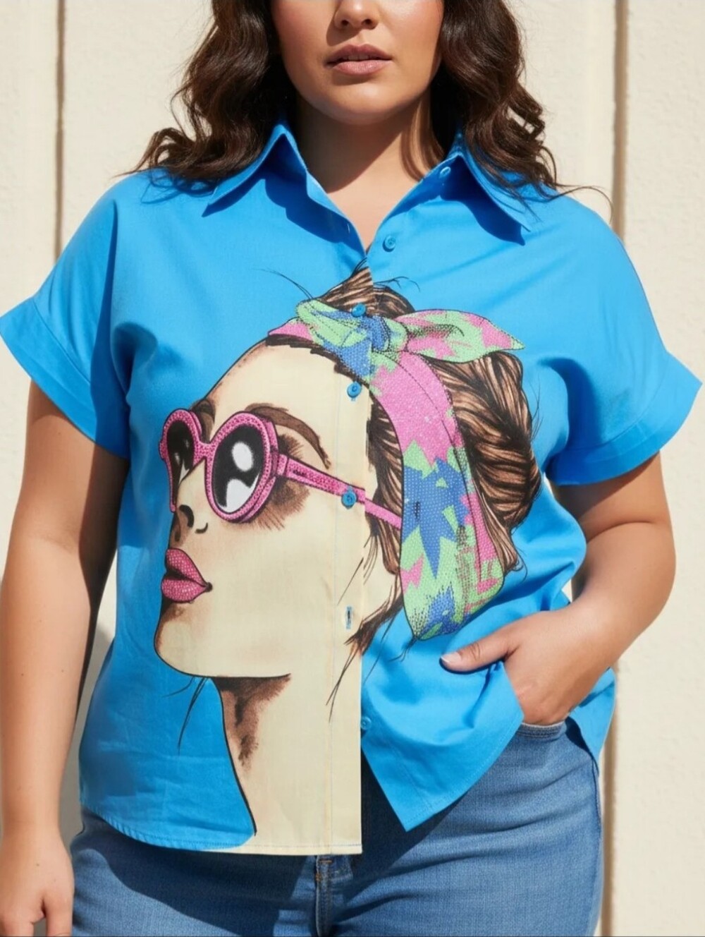 PASTEL-Blue Graphic Button-Up Shirt with Embellished Headscarf